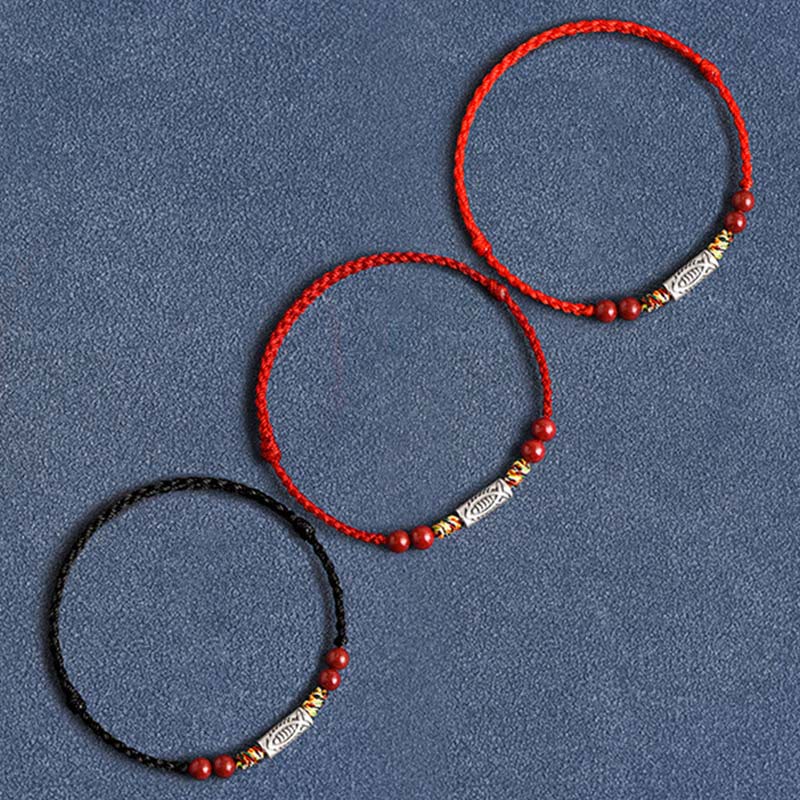 925 Sterling Silver Koi Fish Cinnabar Bead Wealth Handcrafted Braided Bracelet Anklet