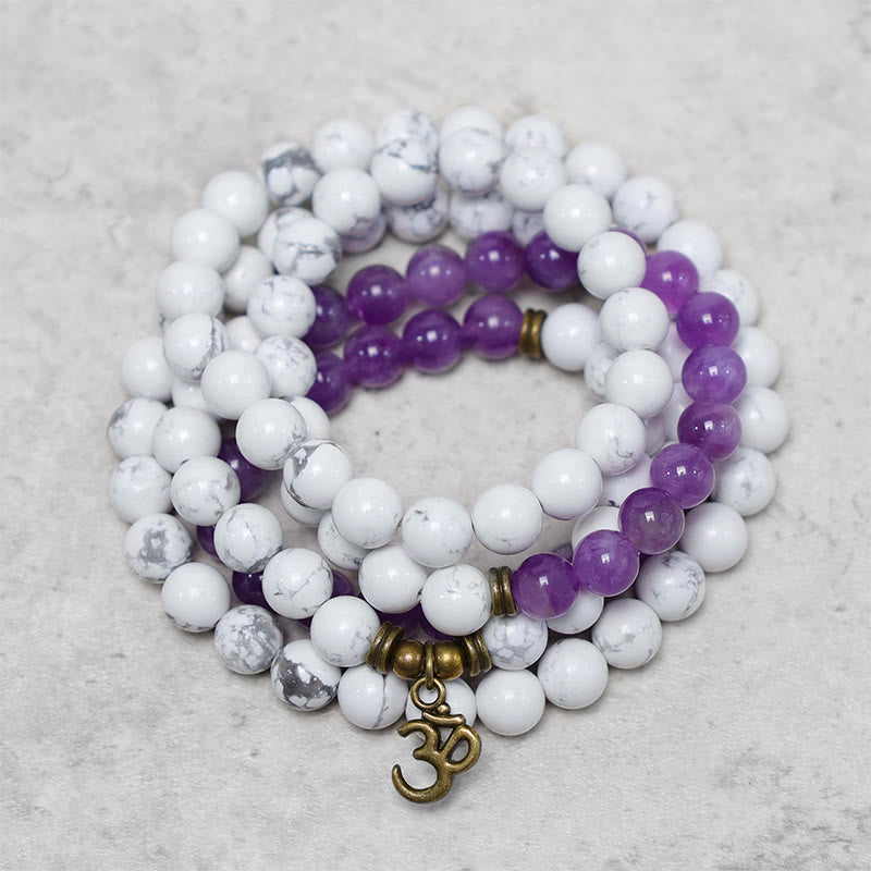 108 Mala Beads Amethyst White Turquoise OM Meditation Energy Bracelet