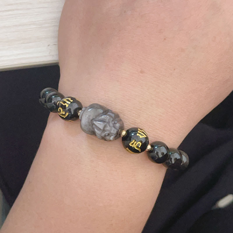 Natural Silver Sheen Obsidian Black Obsidian Om Mani Padme Hum Pixiu Protection Bracelet