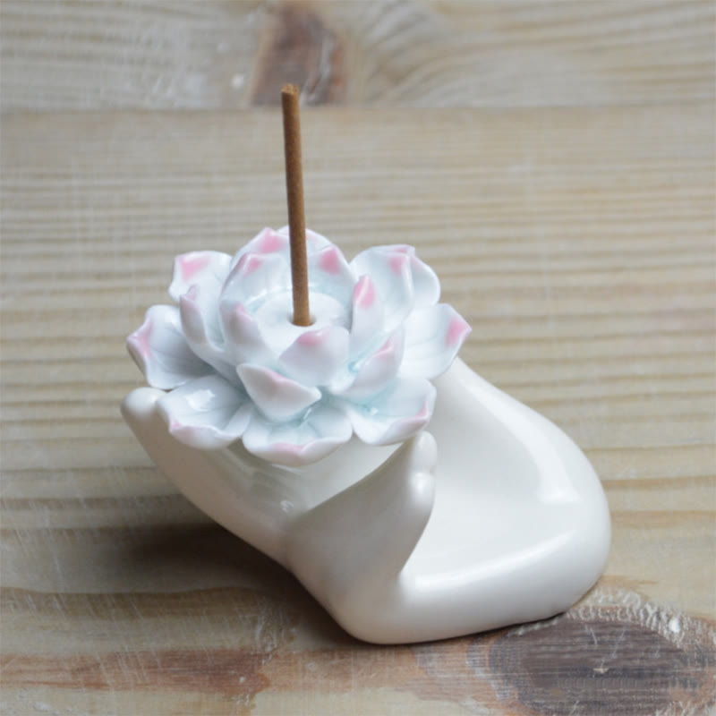 Small Ceramic Lotus Hand Meditation Incense Burner Decoration