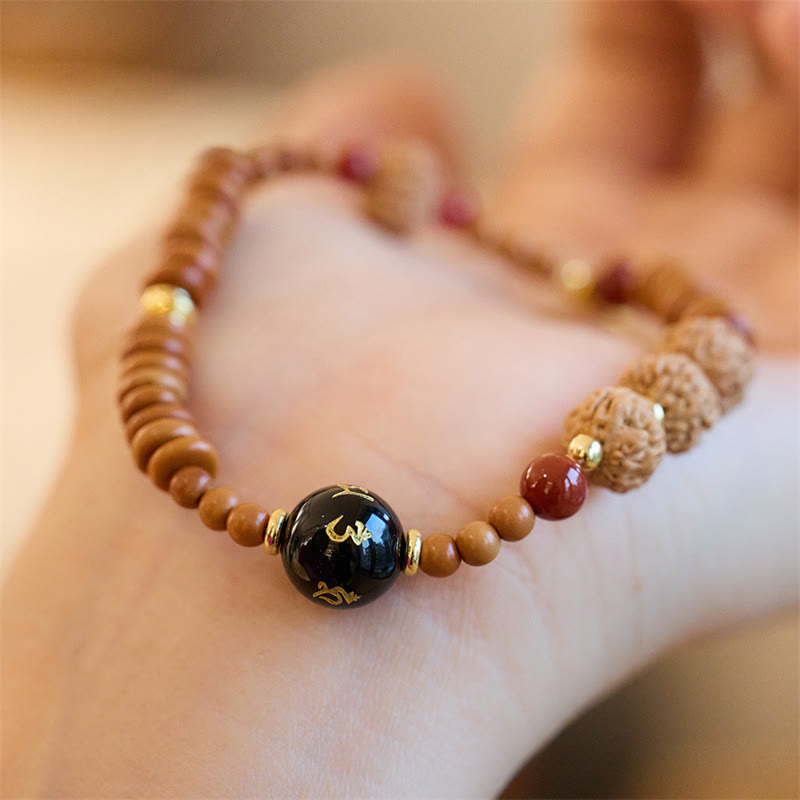 Tibetan Bodhi Seed Black Onyx Smoky Quartz Om Mani Padme Hum Fu Character Wealth Bracelet