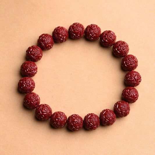 Natural Cinnabar Om Mani Padme Hum Fret Pattern Lotus Blessing Bracelet