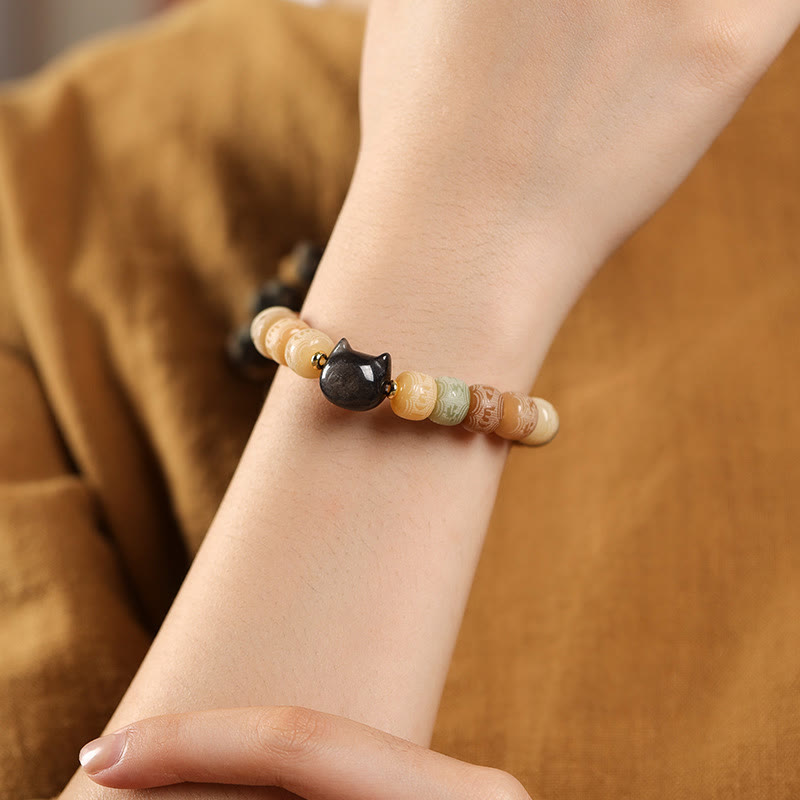 Bodhi Seed Silver Sheen Obsidian Cat Head Om Mani Padme Hum Engraved Harmony Bracelet