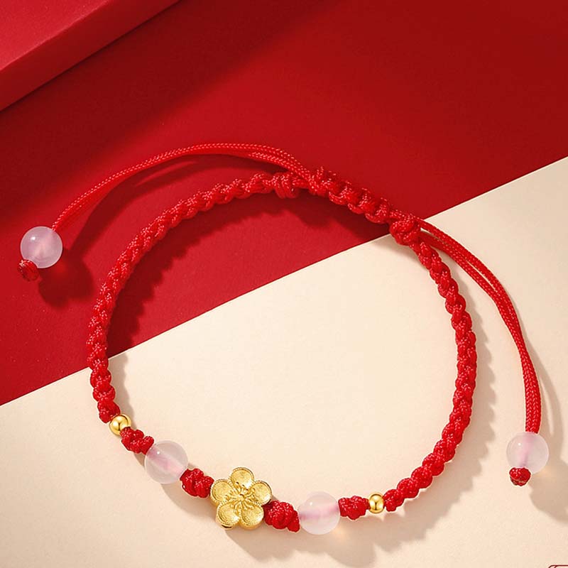 Handmade 925 Sterling Silver Peach Blossom Cherry Sakura Chalcedony Bead Luck Red Rope Bracelet