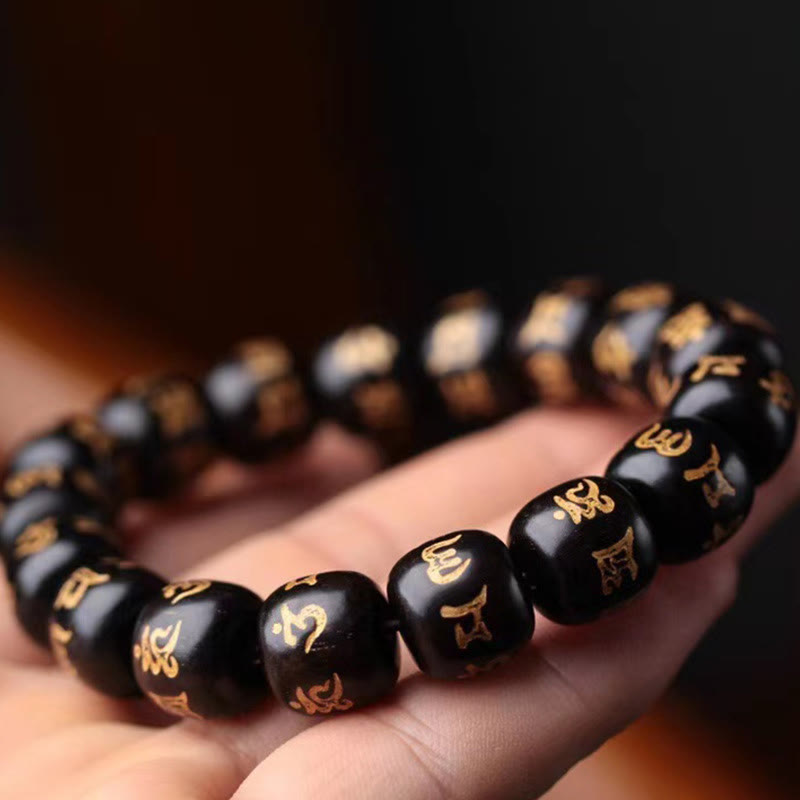 Tibetan Ebony Wood Om Mani Padme Hum Engraved Peace Bracelet