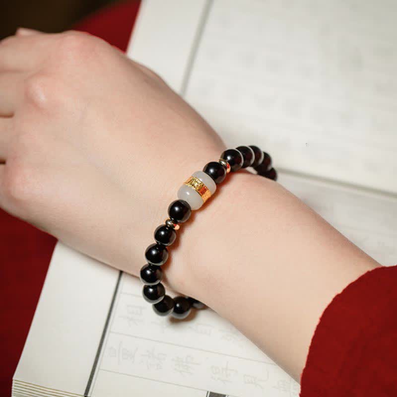 Black Obsidian Jade Om Mani Padme Hum Strength Couple Magnetic Bracelet