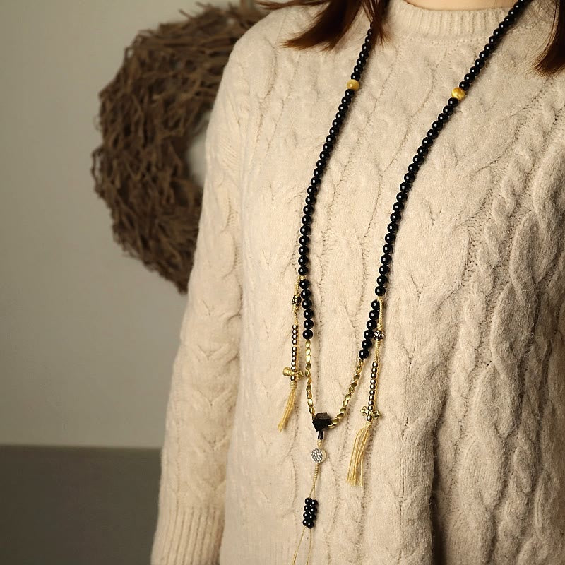 Tibetan 108 Mala Beads Black Onyx Three-eyed Dzi Beads Protection Bracelet