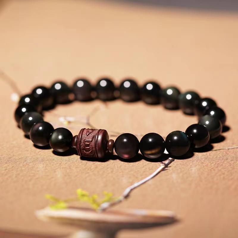 Natural Gold Sheen Obsidian Rainbow Obsidian Om Mani Padme Hum Fu Character Bracelet