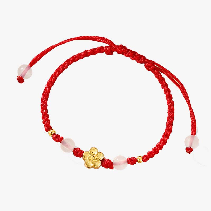 Handmade 925 Sterling Silver Peach Blossom Cherry Sakura Chalcedony Bead Luck Red Rope Bracelet