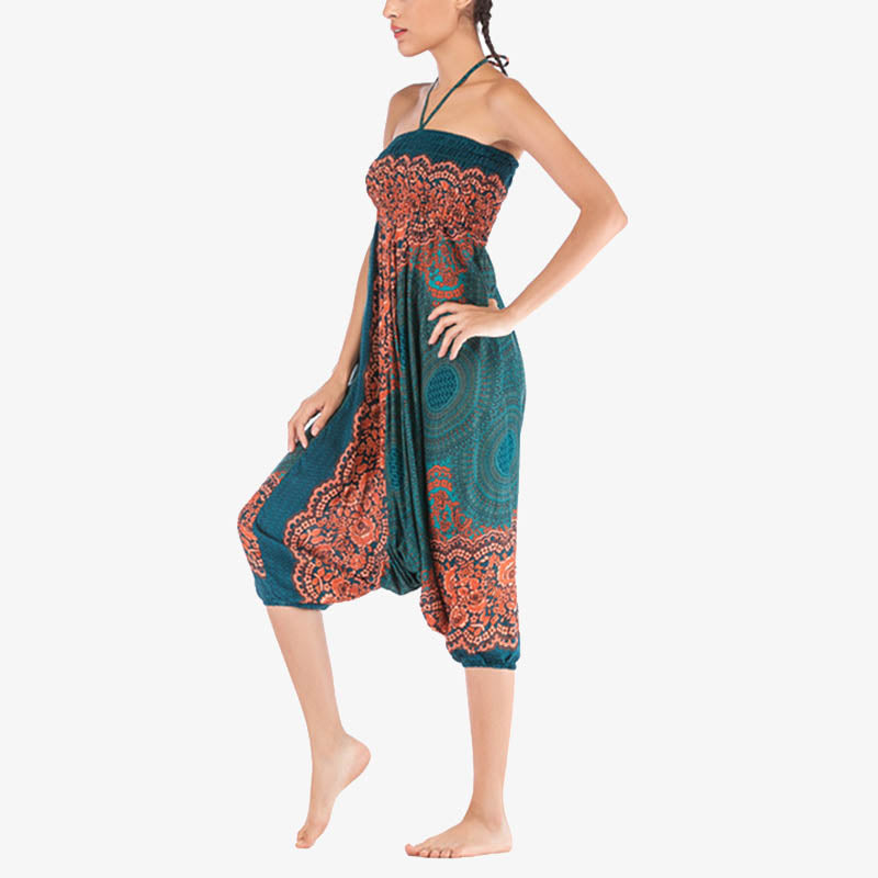 Two Style Wear Round Geometric Pattern Loose Smocked Harem Trousers Jumpsuit High Waist Women's Yoga Pants
