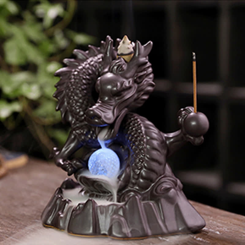 Auspicious Dragon Ceramic Backflow Smoke Fountain Meditation Incense Burner Led Ball Decoration