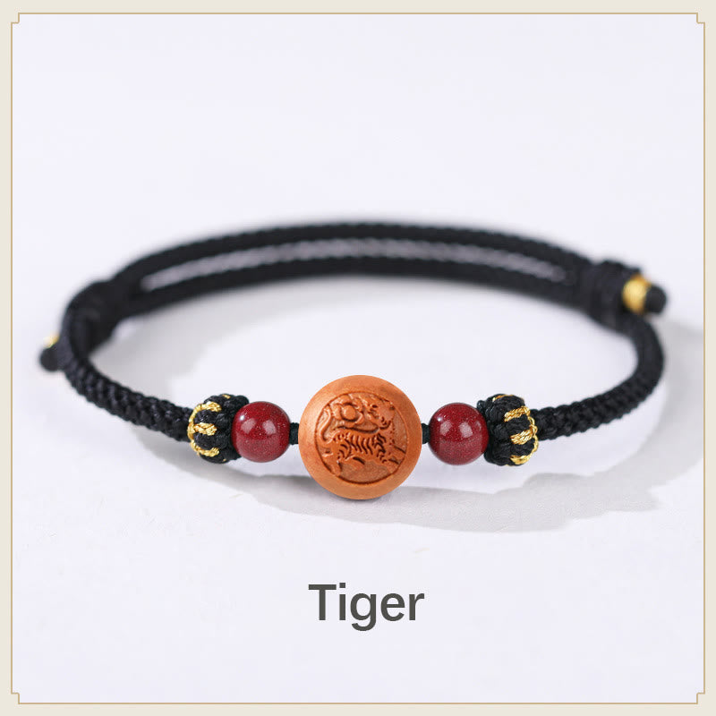 Natural Peach Wood Chinese Zodiac Fu Character Carved Cinnabar Wealth Bracelet