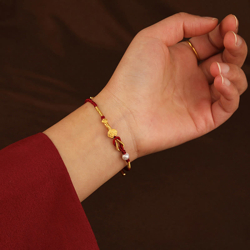 24K Gold Wish Ruyi Handle Fu Character Rabbit Pearl Luck Braided Bracelet