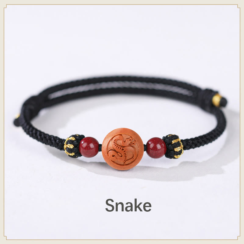 Natural Peach Wood Chinese Zodiac Fu Character Carved Cinnabar Wealth Bracelet
