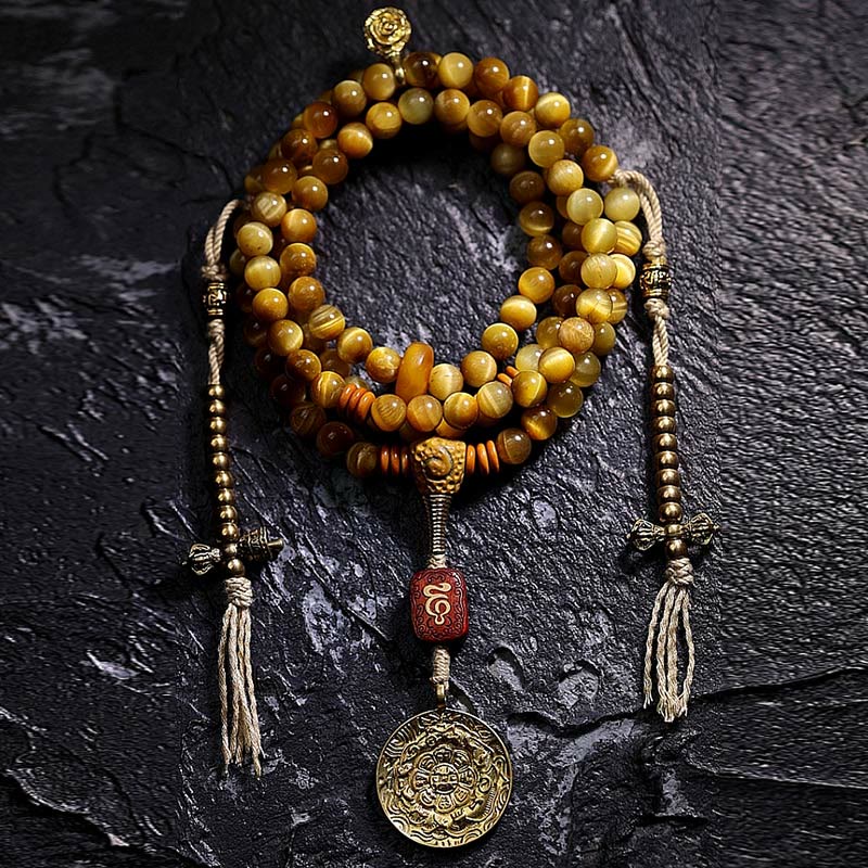108 Mala Beads Natural Tiger Eye Copper Dorje Protection Tassel Bracelet