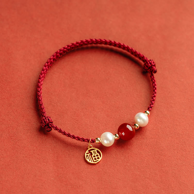 925 Sterling Silver Good Fortune Fu Character Agate Pearl Red String Braid Bracelet