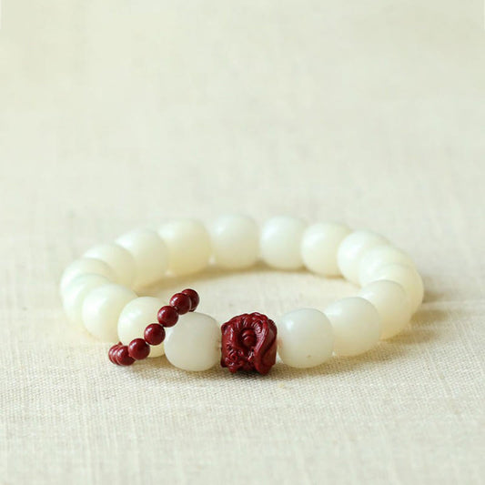 Natural Bodhi Seed Cinnabar Dancing Lion Charm Wisdom Harmony Wrist Mala
