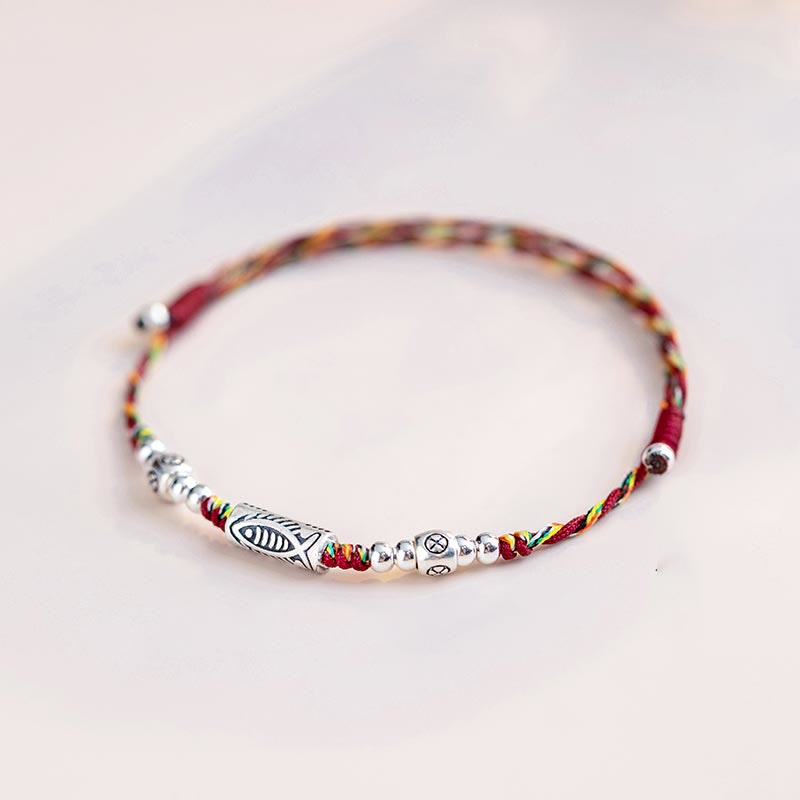 925 Sterling Silver Luck Koi Fish Braided Colorful String Bracelet Anklet