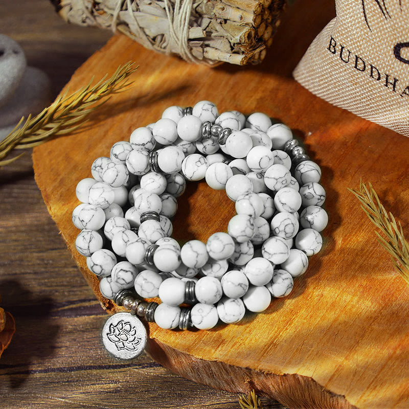 White Turquoise Lotus Mala Bracelet