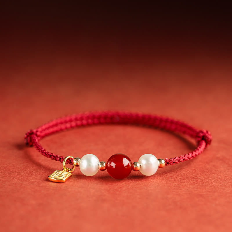 925 Sterling Silver Good Fortune Fu Character Agate Pearl Red String Braid Bracelet