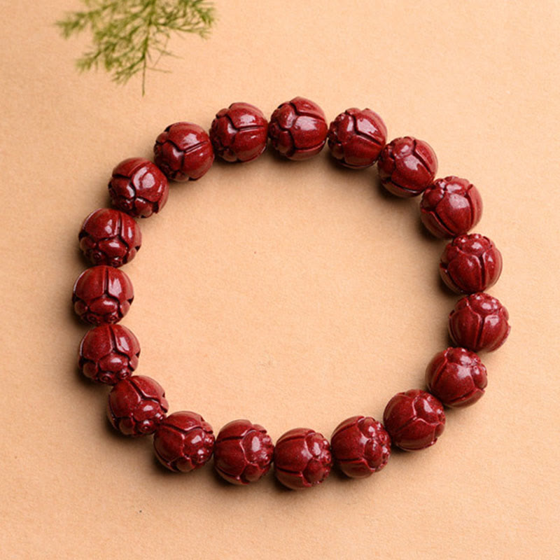 Natural Cinnabar Om Mani Padme Hum Fret Pattern Lotus Blessing Bracelet