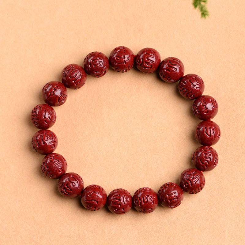 Natural Cinnabar Om Mani Padme Hum Fret Pattern Lotus Blessing Bracelet