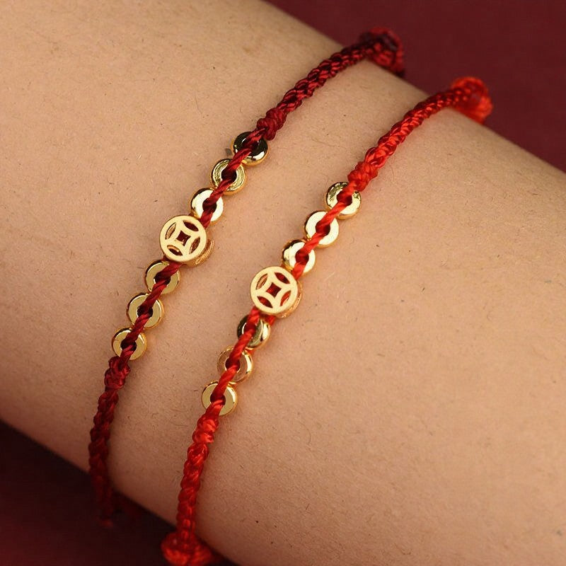 Braided Red String Round Chinese Coin Good Fortune Bracelet