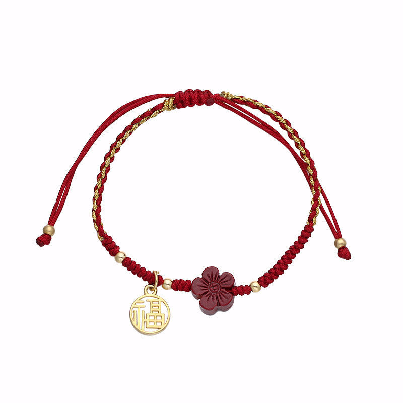Cinnabar Flower Fu Character Blessing Braided String Bracelet