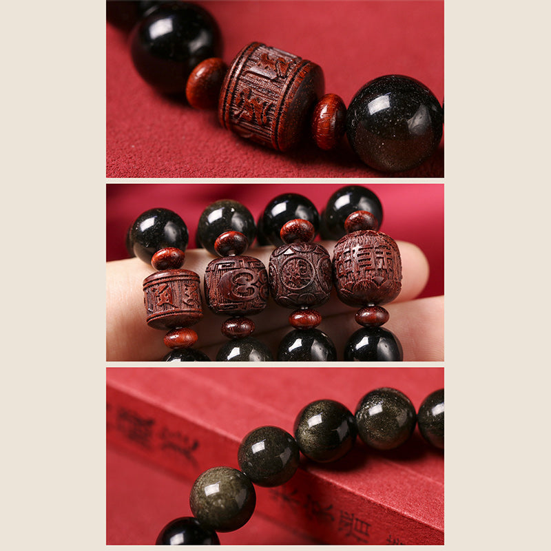 Natural Gold Sheen Obsidian Rainbow Obsidian Om Mani Padme Hum Fu Character Bracelet
