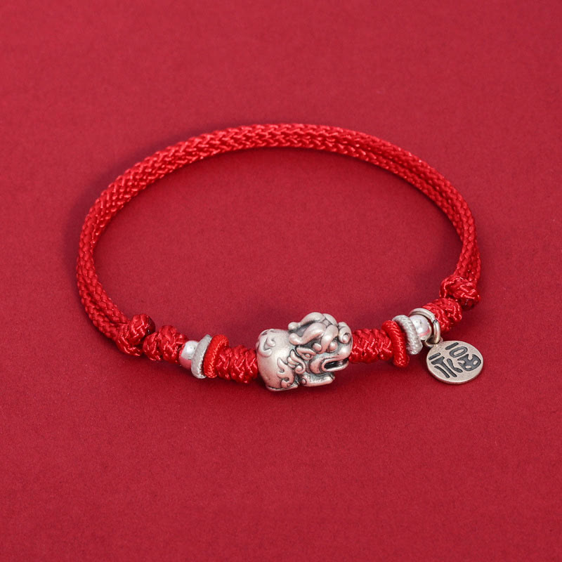 925 Sterling Silver PiXiu Fu Character Wealth Luck Handmade Braided Bracelet