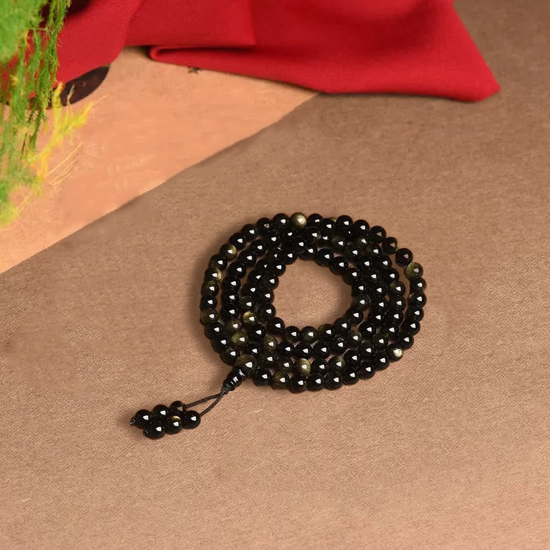 108 Mala Beads Natural Gold Sheen Obsidian Wealth Bracelet