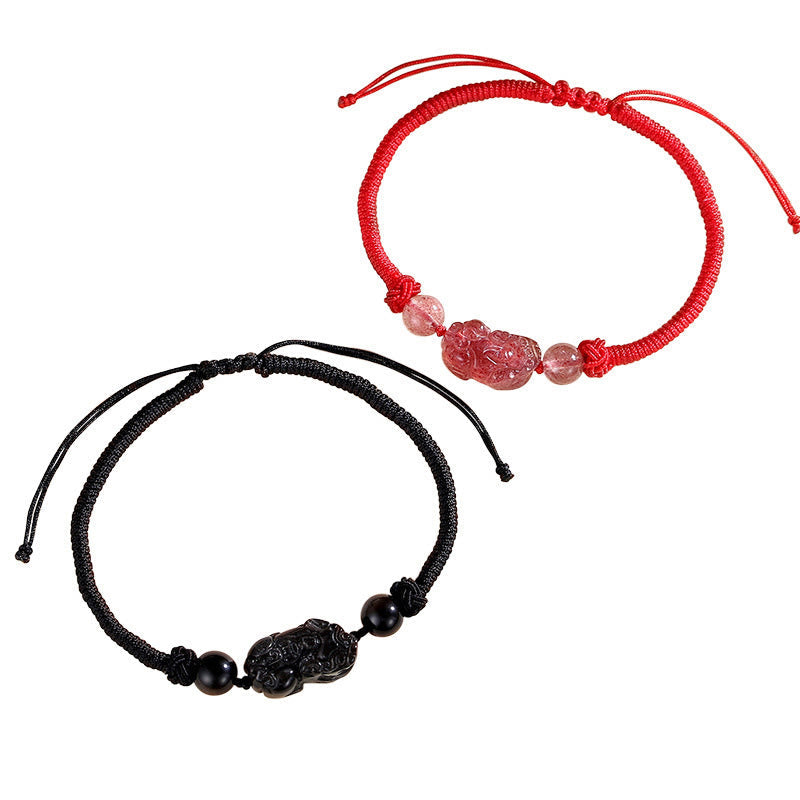 Handmade Natural Silver Sheen Obsidian Strawberry Quartz PiXiu Protection Braided Bracelet