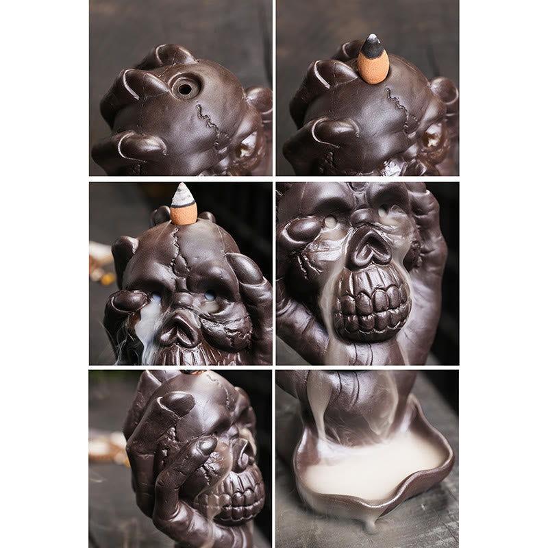 Halloween Skull With Ghost Hand Purple Clay Spiritual Incense Burner Decoration