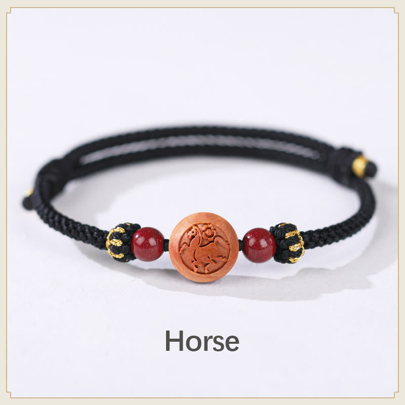 Natural Peach Wood Chinese Zodiac Fu Character Carved Cinnabar Wealth Bracelet