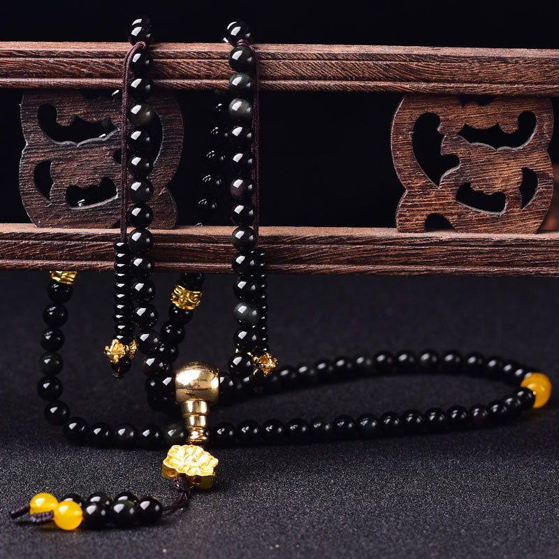 108 Beads Natural Black Obsidian Lotus Fulfilment Mala Bracelet