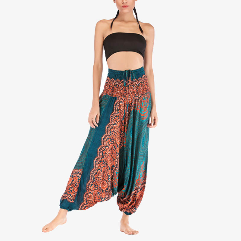 Two Style Wear Round Geometric Pattern Loose Smocked Harem Trousers Jumpsuit High Waist Women's Yoga Pants