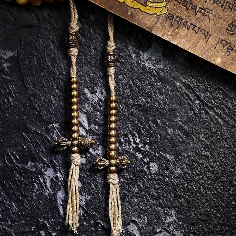 108 Mala Beads Natural Tiger Eye Copper Dorje Protection Tassel Bracelet