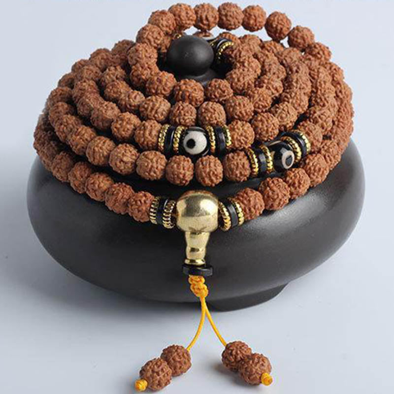 108 Mala Beads Rudraksha Bodhi Seed Dzi Bead Luck Wealth Bracelet