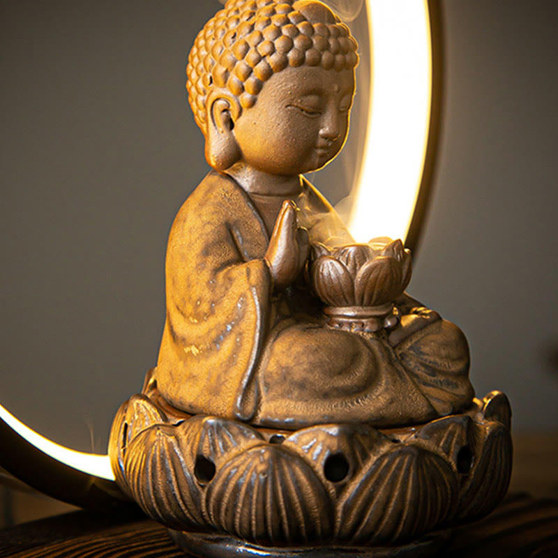 Buddha Lotus Backflow Smoke Fountain Ceramic Blessing Incense Burner With Light Decoration