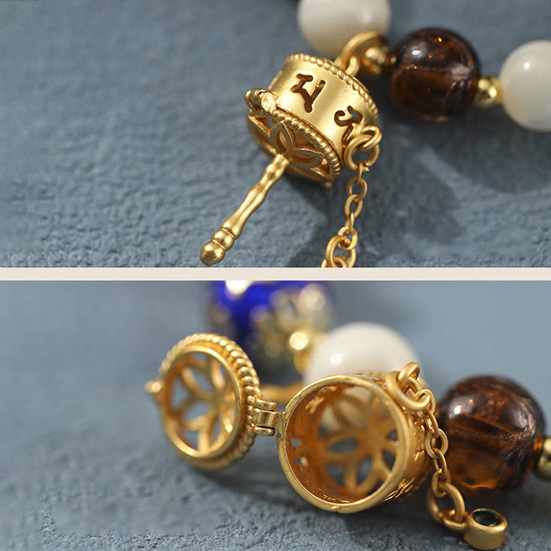 Tibetan Incense Ash Liuli Glass Tridacna Stone Sun Stone Om Mani Padme Hum Prayer Wheel Charm Bracelet