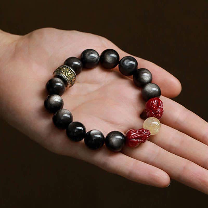 Gold Sheen Obsidian PiXiu Cinnabar Om Mani Padme Hum Protection Bracelet