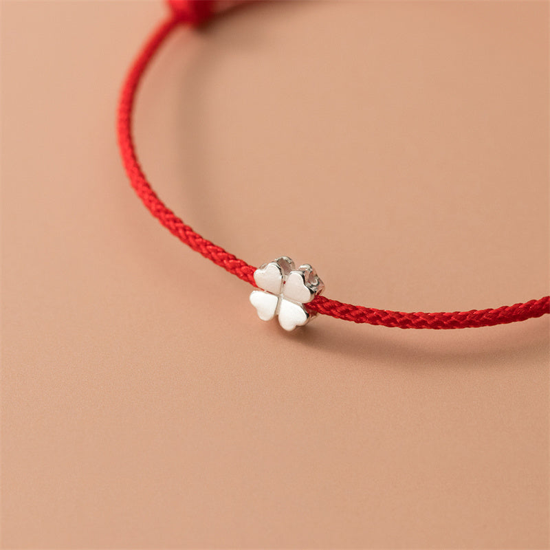 925 Sterling Silver Four Leaf Clover Red Rope Bracelet