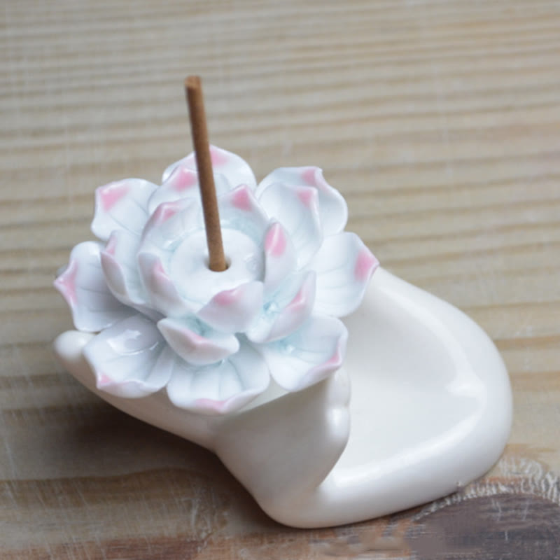 Small Ceramic Lotus Hand Meditation Incense Burner Decoration