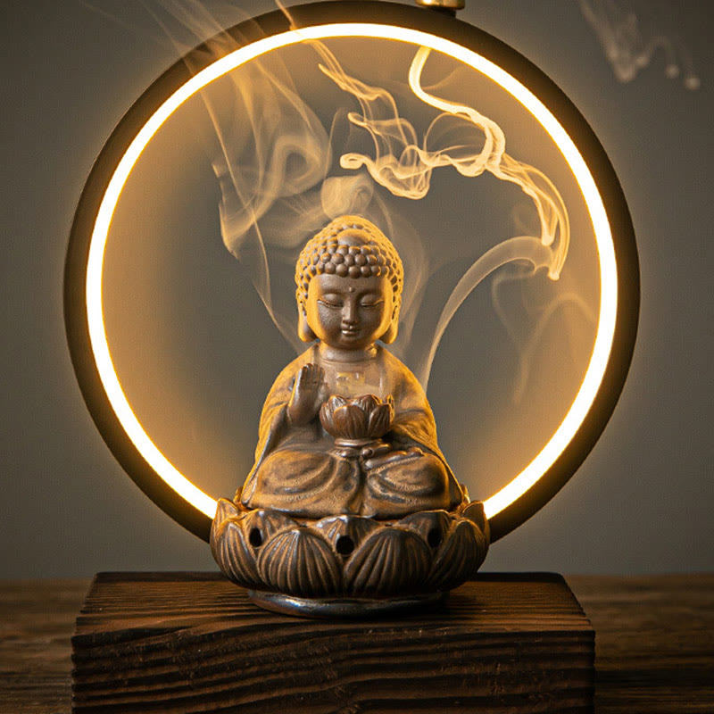 Buddha Lotus Backflow Smoke Fountain Ceramic Blessing Incense Burner With Light Decoration