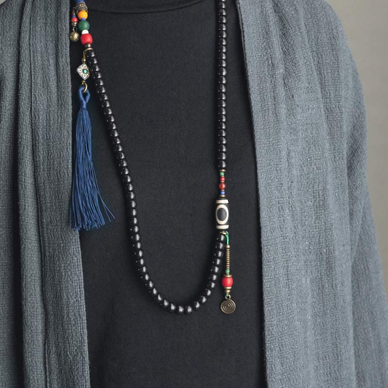 108 Beads Mala Ebony Wood Dzi Bead Copper Balance Tassel Bracelet