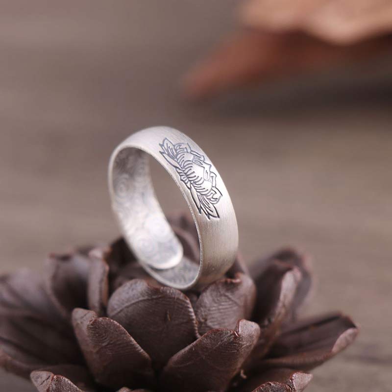 999 Sterling Silver Lotus Elephant Six True Words Blessing Ring