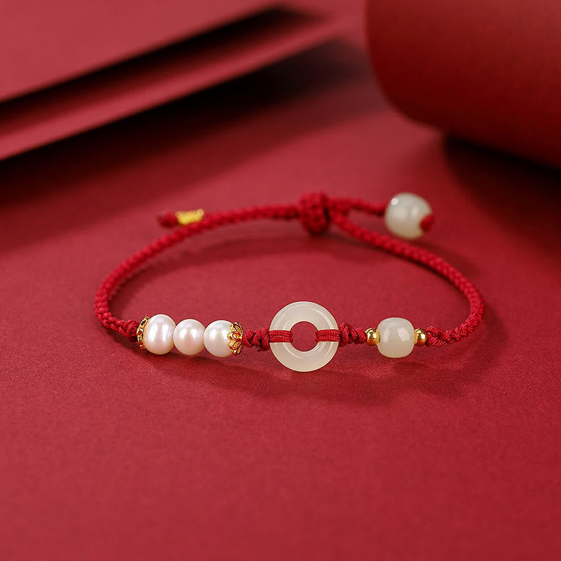 925 Sterling Silver Plated Gold Hetian Jade Peace Buckle Pearl Luck Bracelet
