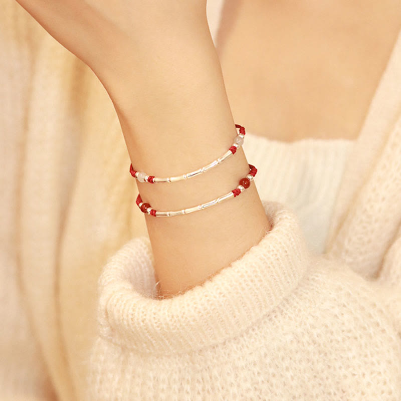 925 Sterling Silver Bamboo White Agate Red Agate Bead Protection String Braided Bracelet