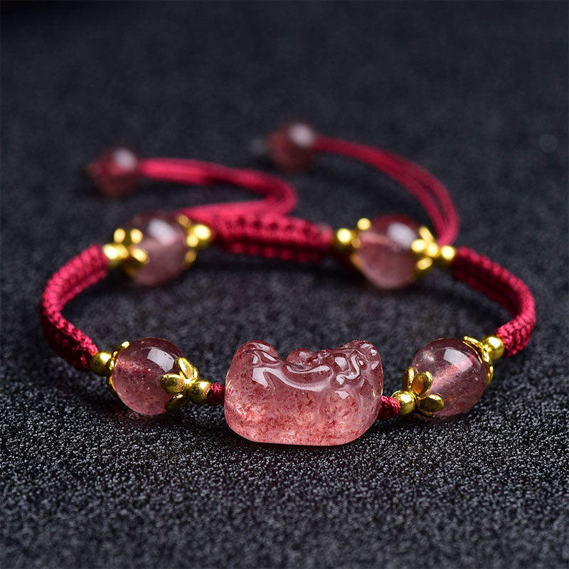 Natural Strawberry Crystal Pixiu Charm Lucky Red String Bracelet