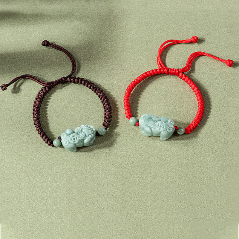 Handmade Natural Jade PiXiu Protection King Kong Knot Braided String Bracelet